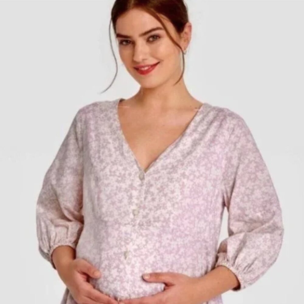 The Nines by HATCH Floral Purple Poplin Maternity Midi Dress